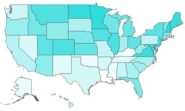 Mapa de Estados Unidos destacando los estados con más educación financiera