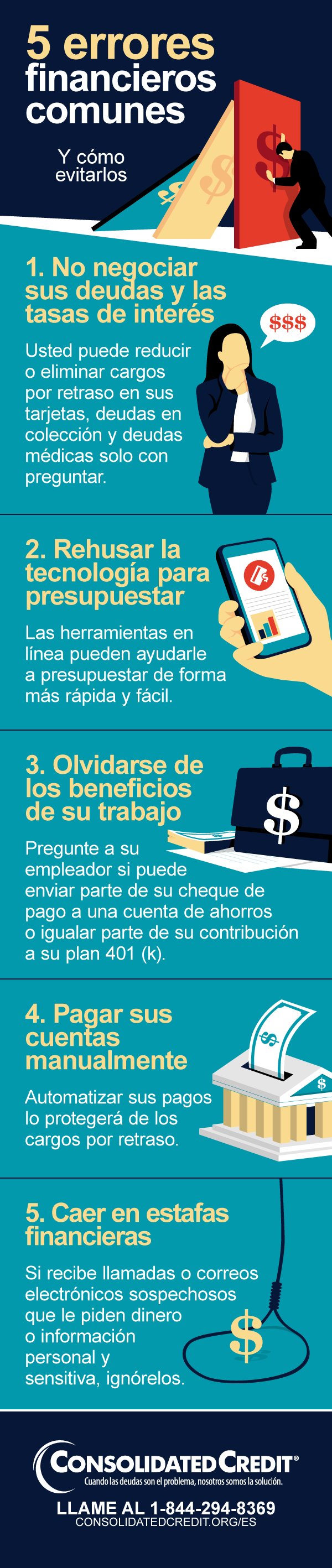 Esta infografía cubre los cinco errores de dinero más comunes y lo que usted puede hacer para aprender a evitarlos.