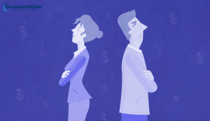 Financial infidelity illustration; upset couple facing away from each other