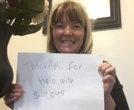 Ms. Alford is thankful for help with $9,045