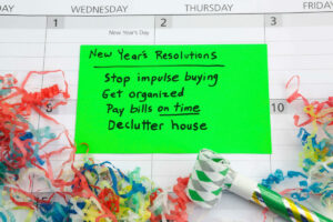 New Year's resolutions: Stop impulse buying, Get organized, Pay bills on time, Declutter house