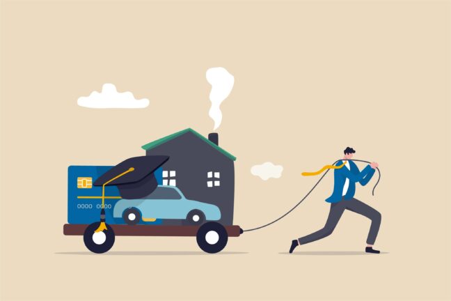 Illustration of consumer debt as a man drags a sled of home, auto, student, and credit card debt