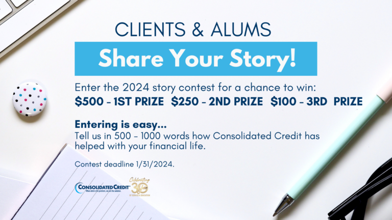 Flyer with rules for the Consolidated Credit "Share Your Story" Contest